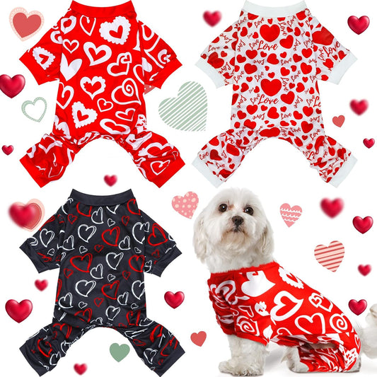 3 Pieces Valentines Day Pajamas Dog Bodysuit Dog Jumpsuits Dog Birthday Costume Heart Pattern Dog Clothes Dog Cartoon Apparel for Pet Puppy Dog Cat(L(Fit 7.7-9.9Lbs))